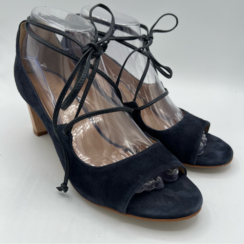 Talbots Strappy Sandals Wood Block Heel Navy Blue Suede Sz 8‎ Preppy Tie Strap